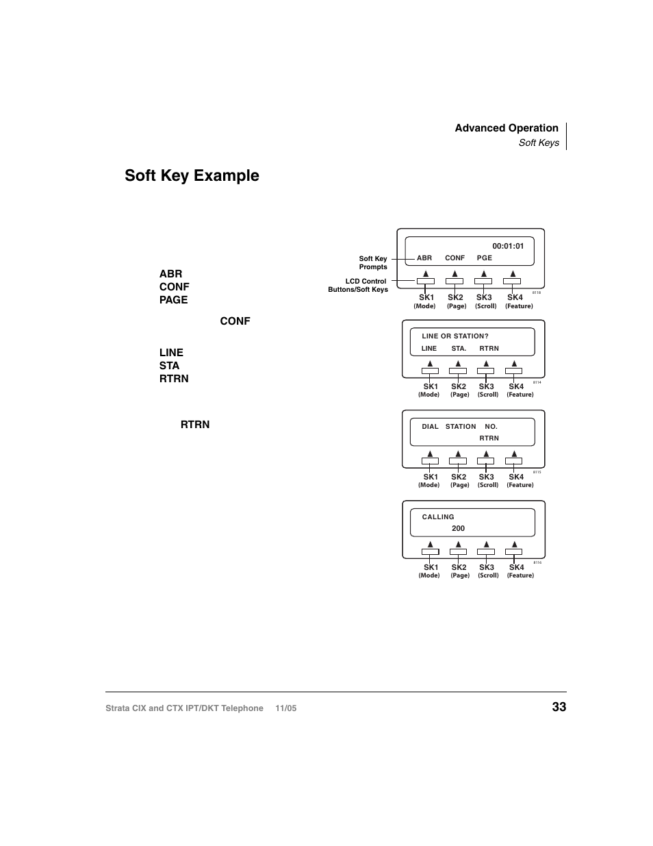 Soft key example, Automatic busy redial, Conference | Paging 2. if you select, Press, The display changes as shown right, Add an outside line to the conference, Add another station, Soft key (press | Toshiba Strata DKT User Manual | Page 47 / 153
