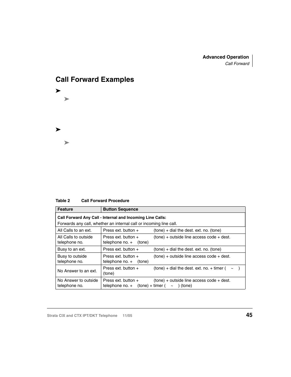 Call forward examples, Table 2, Call forward procedure | Contains call forwa, Tone) means that | Toshiba Strata DKT User Manual | Page 59 / 153