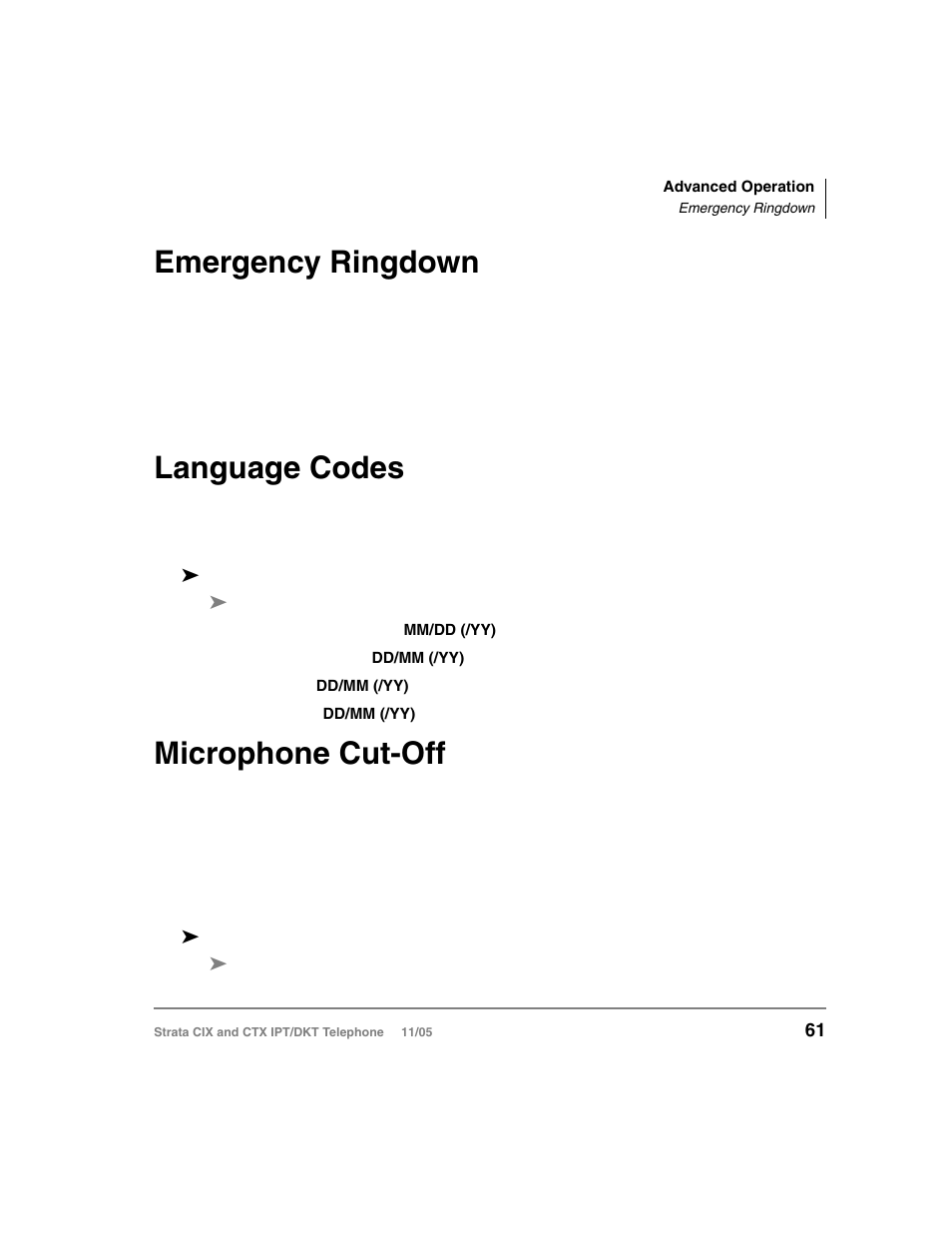 Emergency ringdown, Language codes, Microphone cut-off | Toshiba Strata DKT User Manual | Page 75 / 153