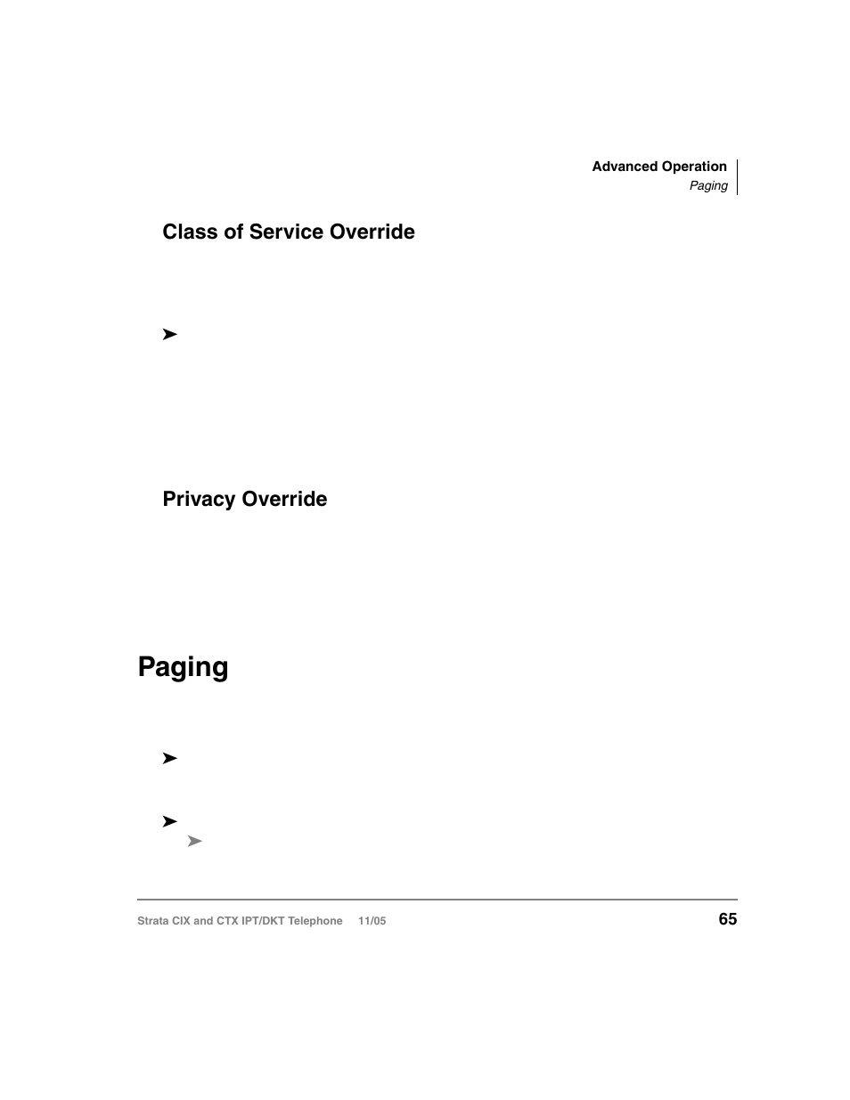 Class of service override, Privacy override, Paging | Class of service override privacy override | Toshiba Strata DKT User Manual | Page 79 / 153