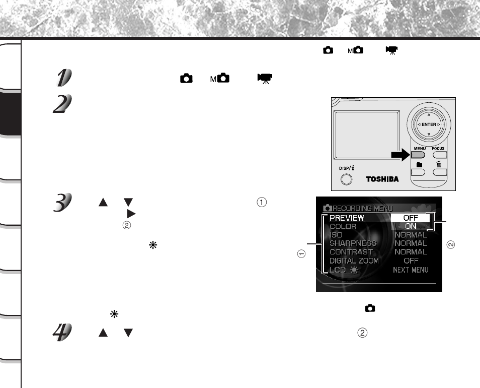 Changing the preset conditions (recording menu) | Toshiba PDR-M81 User Manual | Page 80 / 142