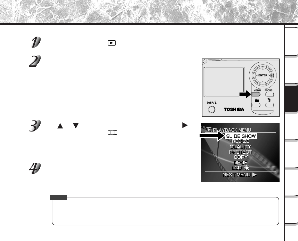 Auto playback (slideshow), Set the mode dial to, Press the menu button | Use or to select [slide show] and press | Toshiba PDR-M81 User Manual | Page 89 / 142