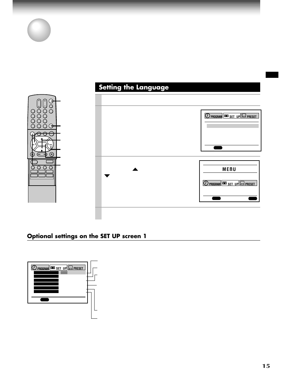 Initial settings using on-screen display, Setting the language, Enter | Stop, Prog, Power, Play/x2, Cursor, Press, Select the language using | Toshiba W-808 User Manual | Page 15 / 52