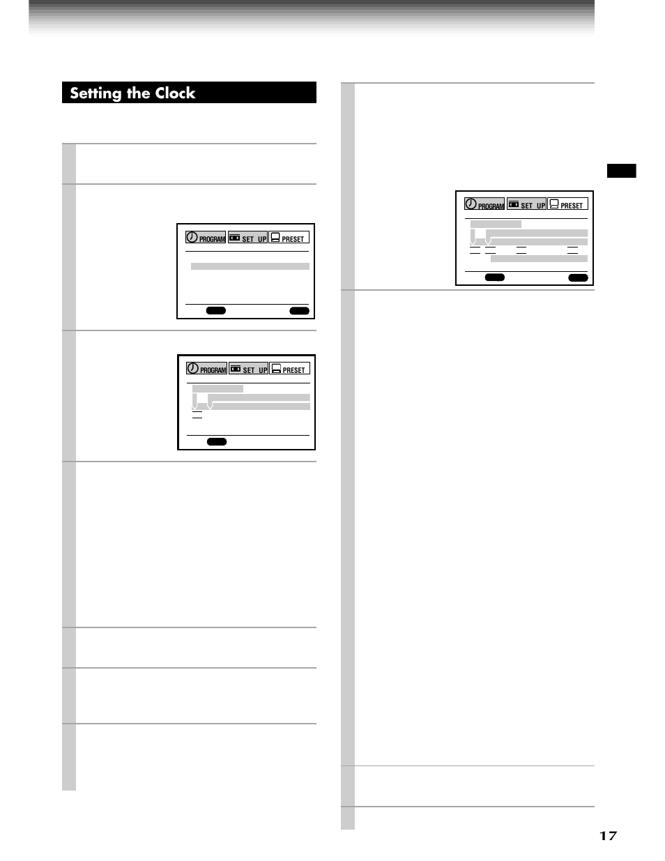 Setting the clock, Enter, Play/x2 | Stop, Prog, Play/ x2 | Toshiba W-808 User Manual | Page 17 / 52