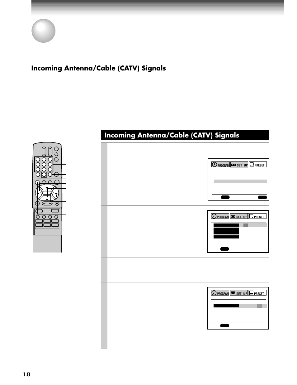 Storing channels on the vcr, Incoming antenna/cable (catv) signals, Ch/trk | Prog, Enter, Play/ x2, Stop, Play/x2, Press, Select “preset” using | Toshiba W-808 User Manual | Page 18 / 52
