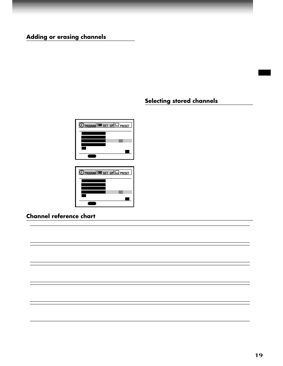 Adding or erasing channels, Selecting stored channels, Channel reference chart | Toshiba W-808 User Manual | Page 19 / 52