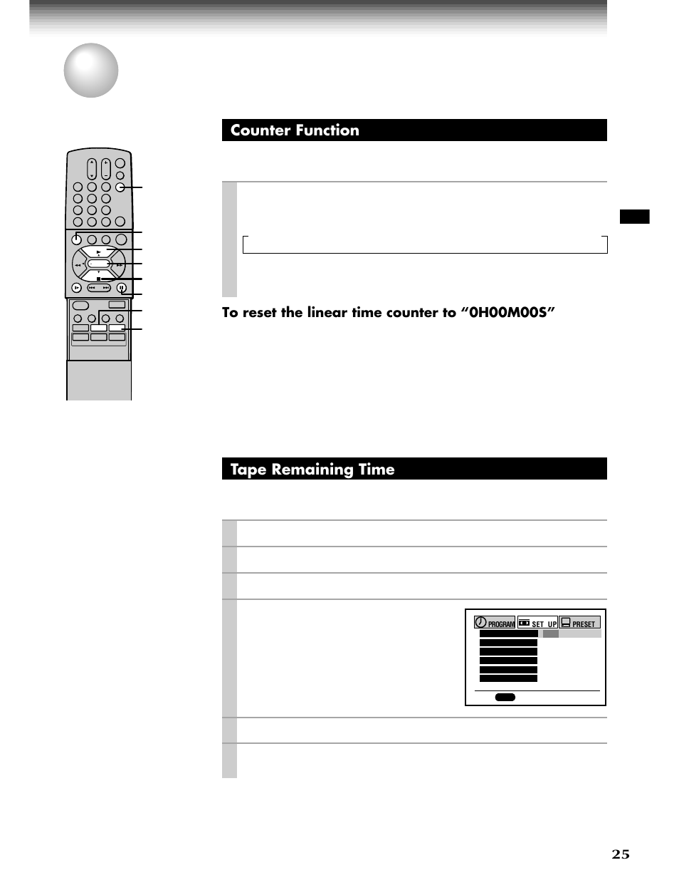 Useful functions in tape operation, Counter function, Tape remaining time | Remain/counter, Prog, Enter, Each time you press, The vcr display changes in sequence as follows, Turn on the vcr and load a cassette, Press | Toshiba W-808 User Manual | Page 25 / 52