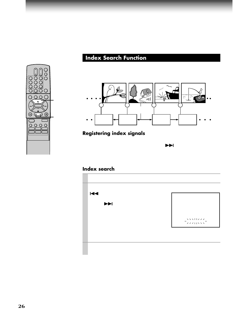 Useful functions in tape operation (continued), Index search function, Index | Play/x2, Index search, Load a cassette with the index signals registered, Press, When the desired program is found | Toshiba W-808 User Manual | Page 26 / 52