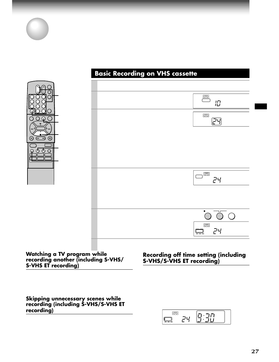 Recording, Recording a tv program, Basic recording on vhs cassette | Tv/vcr, Channel, Ch/trk, Number buttons, Sp/slp, Stop, Load a vhs cassette with the safety tab attached | Toshiba W-808 User Manual | Page 27 / 52