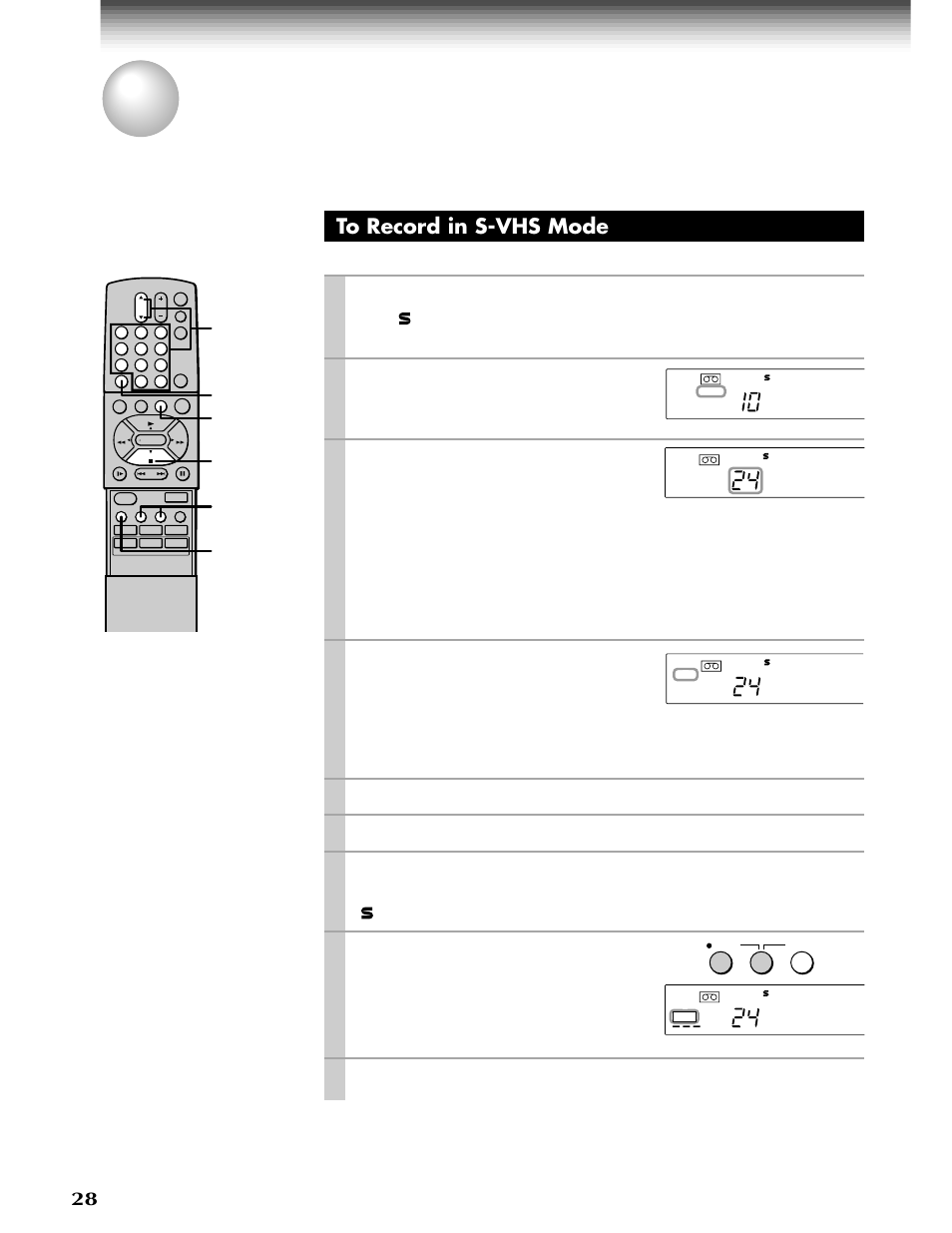 S-vhs (super vhs) and s-vhs et recording, Tv/vcr, Channel | Ch/trk, Number buttons, Sp/slp, Prog, Enter, Stop | Toshiba W-808 User Manual | Page 28 / 52