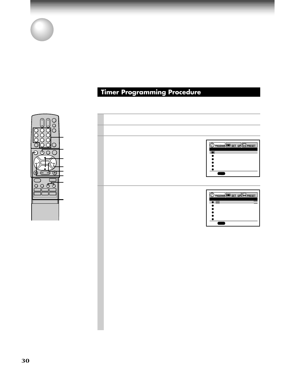 Timer program recording, Timer programming procedure, Prog | Enter, Play/x2, Stop, Number buttons, Load a cassette with the safety tab attached, Press, Select “program” using | Toshiba W-808 User Manual | Page 30 / 52