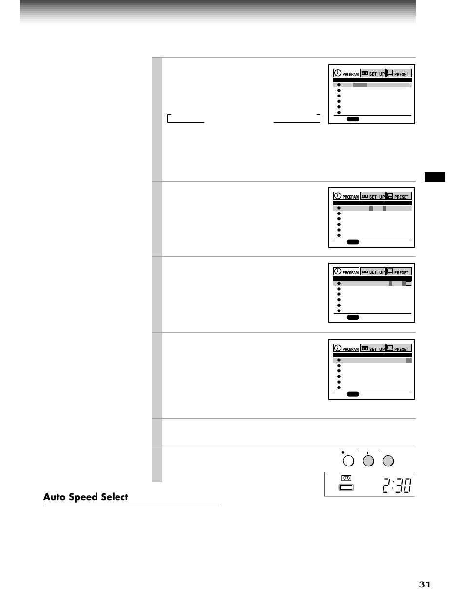 Play/x2, Stop, Prog | Timer, Auto speed select, Move to the next using, And set the recording date using, Move to the next, and set the recording off time, Press, Press both | Toshiba W-808 User Manual | Page 31 / 52