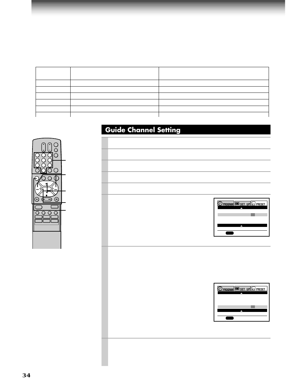 Vcr plus+ c, System set-up (continued), Guide channel setting | Prog, Enter, Play/x2, Stop, Press, Select “preset” using, And press | Toshiba W-808 User Manual | Page 34 / 52