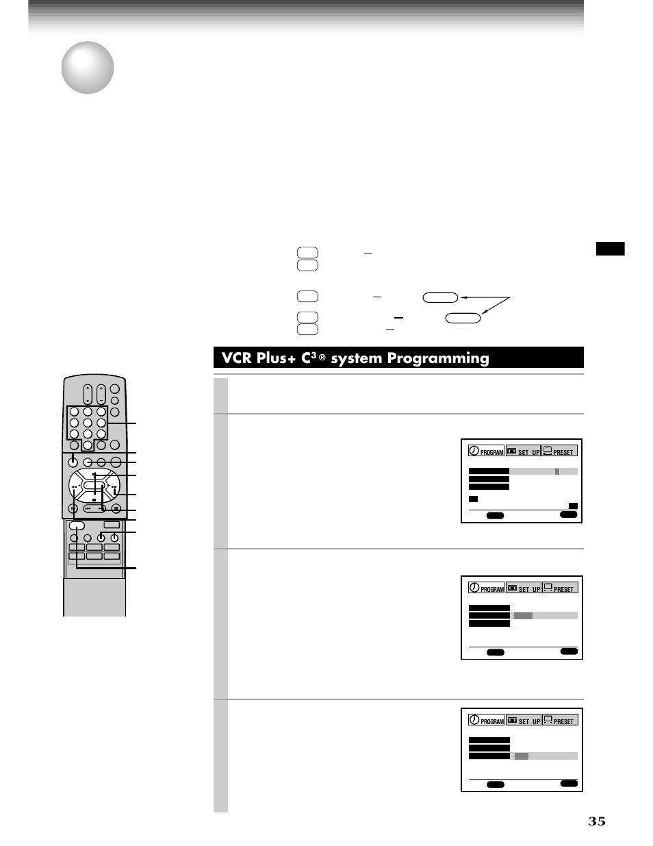 Vcr plus+ c3 system recording, System recording, Vcr plus+ c | System programming, Vcr plus, Play/x2, Stop, Press, Enter a pluscode, Programming number | Toshiba W-808 User Manual | Page 35 / 52