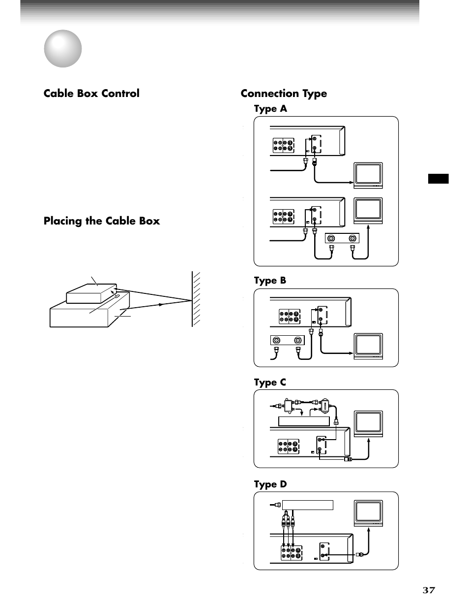 Cable box set up, Cable box set-up, Cable box control | Placing the cable box, Connection type | Toshiba W-808 User Manual | Page 37 / 52