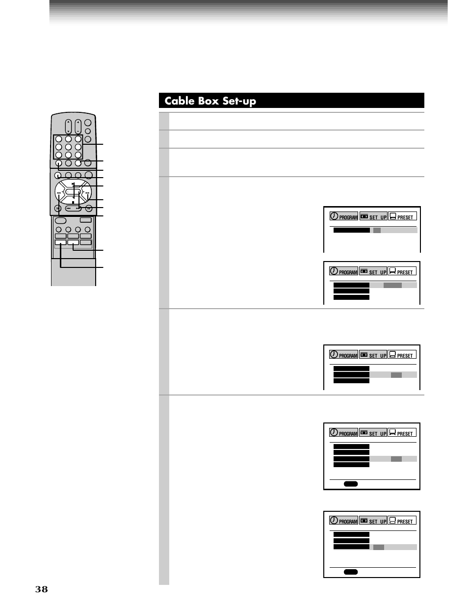 Cable box set-up (continued), Cable box set-up, Prog | Enter, Play/x2, Stop, Press, Select “preset” using, And press, Select “cable box/dss” using | Toshiba W-808 User Manual | Page 38 / 52