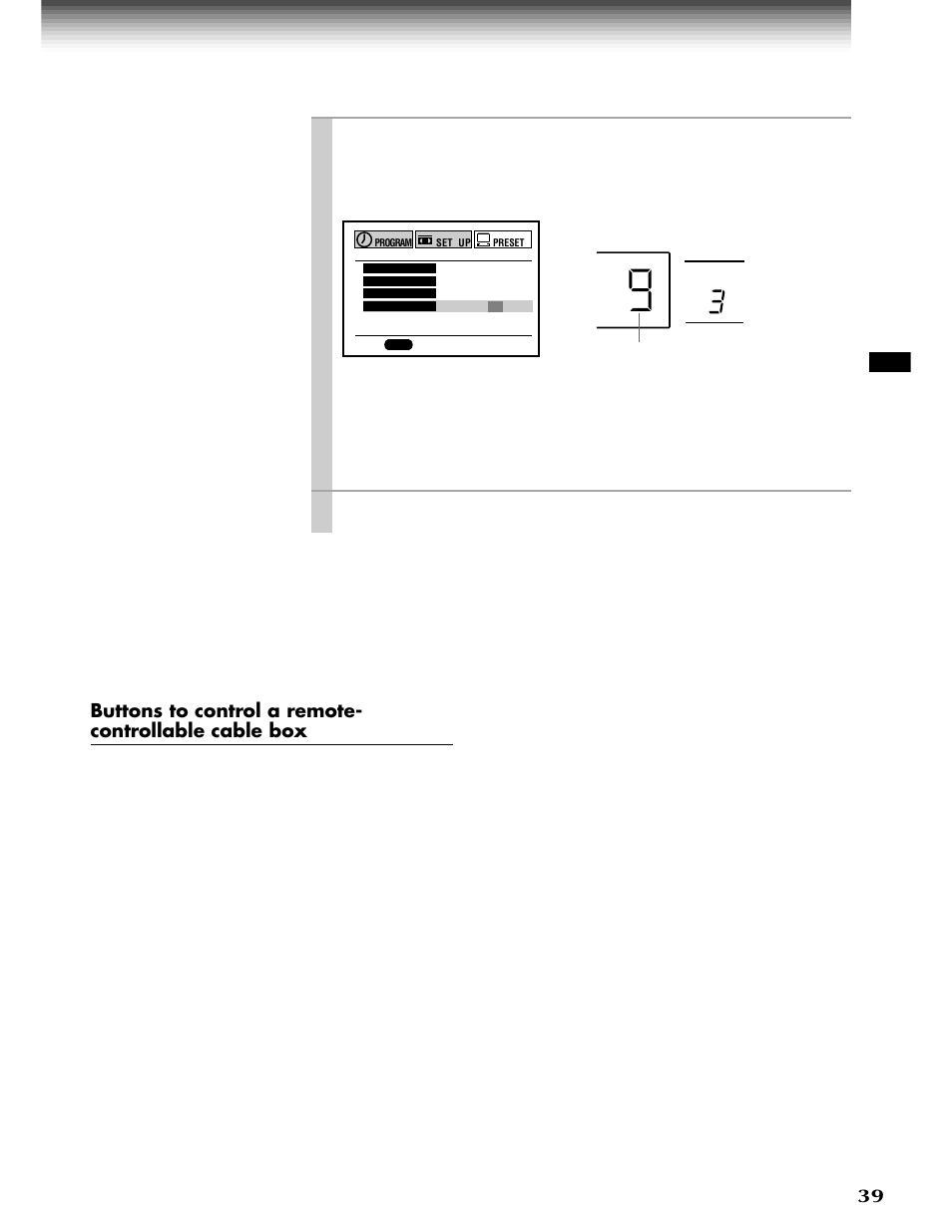 Stop, Number buttons, Prog | Select “brand type” using, And enter a brand code of your cable box using, Refer to the table on the next page, Press | Toshiba W-808 User Manual | Page 39 / 52