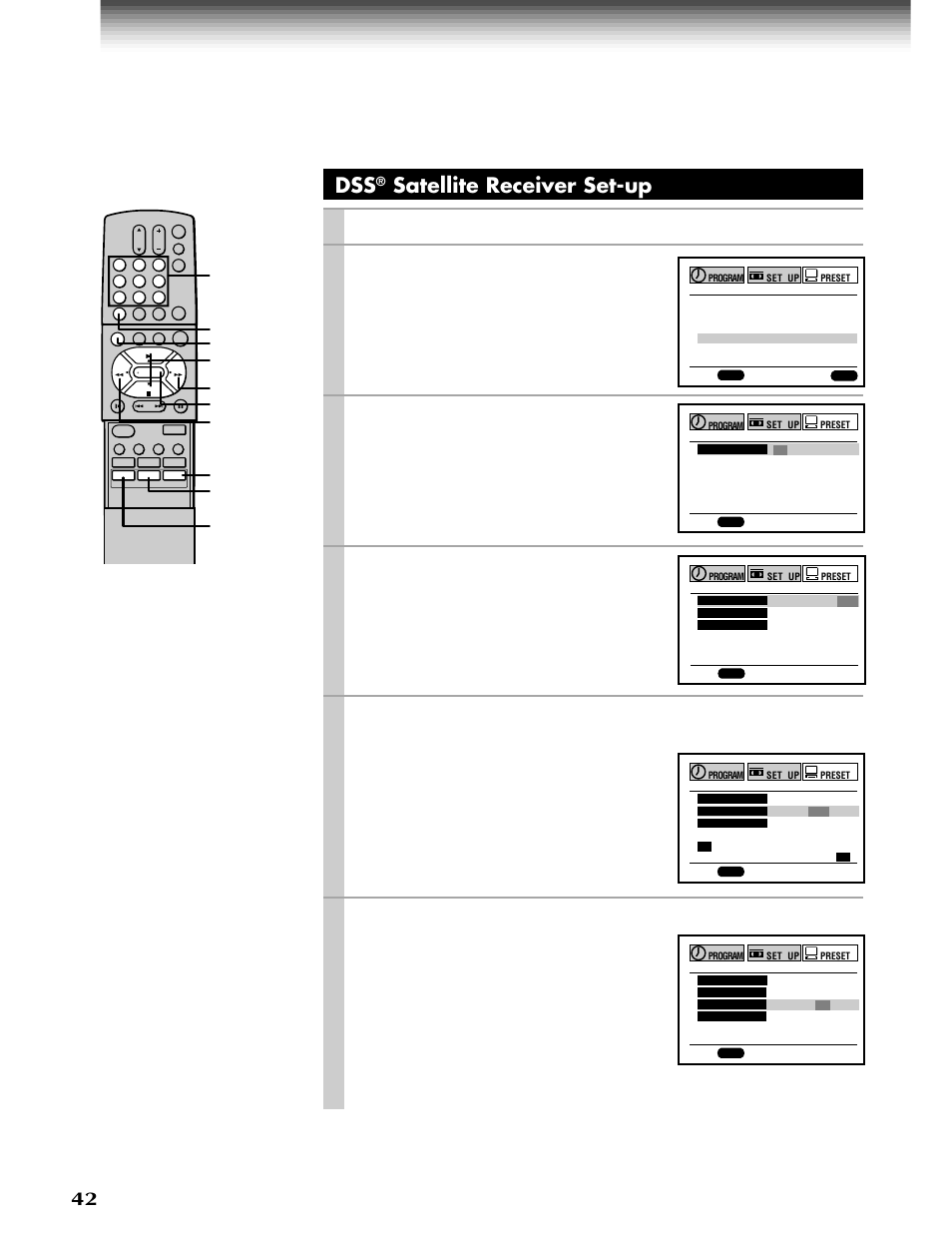Satellite receiver set-up (continued), Satellite receiver set-up, Prog | Enter, Play/x2, Stop, Press, Select “preset” using, And press, Select “cable box/dss” using | Toshiba W-808 User Manual | Page 42 / 52