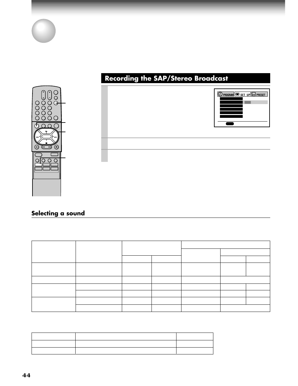Mts broadcast compatibility, Recording the sap/stereo broadcast, Play/x2 | Stop, Prog, And set to “on” using, Press, Perform a recording, Selecting a sound | Toshiba W-808 User Manual | Page 44 / 52