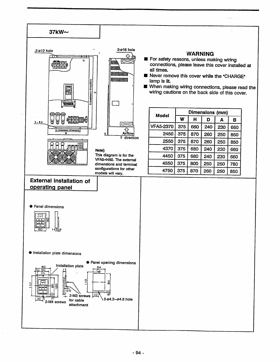 37kw, Warning, External installation of operating panel | Toshiba Tosvert VF-A5 User Manual | Page 100 / 149