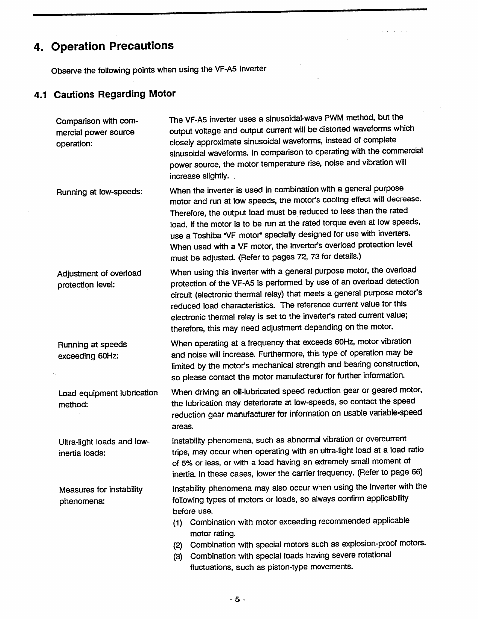 Operation precautions, 1 cautions regarding motor | Toshiba Tosvert VF-A5 User Manual | Page 11 / 149
