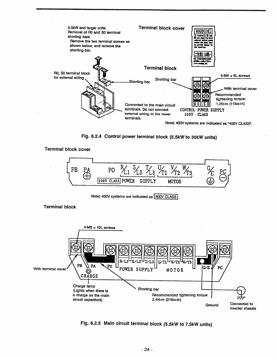 Terminal block cover, Terminal block, 200v class!power supply motor | Pb ^ po ^2 ^3, ^2 | Toshiba Tosvert VF-A5 User Manual | Page 30 / 149