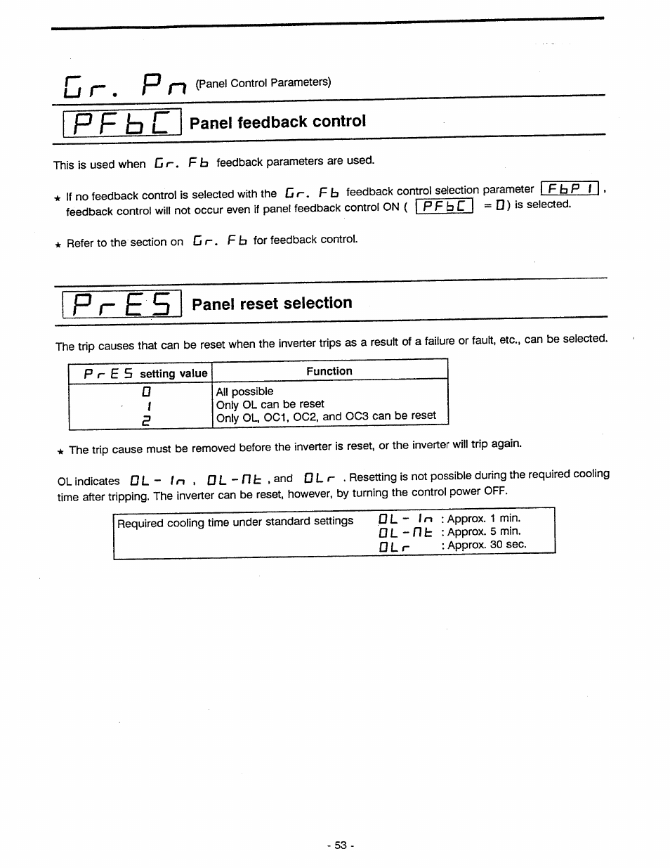 Panel feedback control, Panel reset selection, P f b | P r e 5 | Toshiba Tosvert VF-A5 User Manual | Page 59 / 149