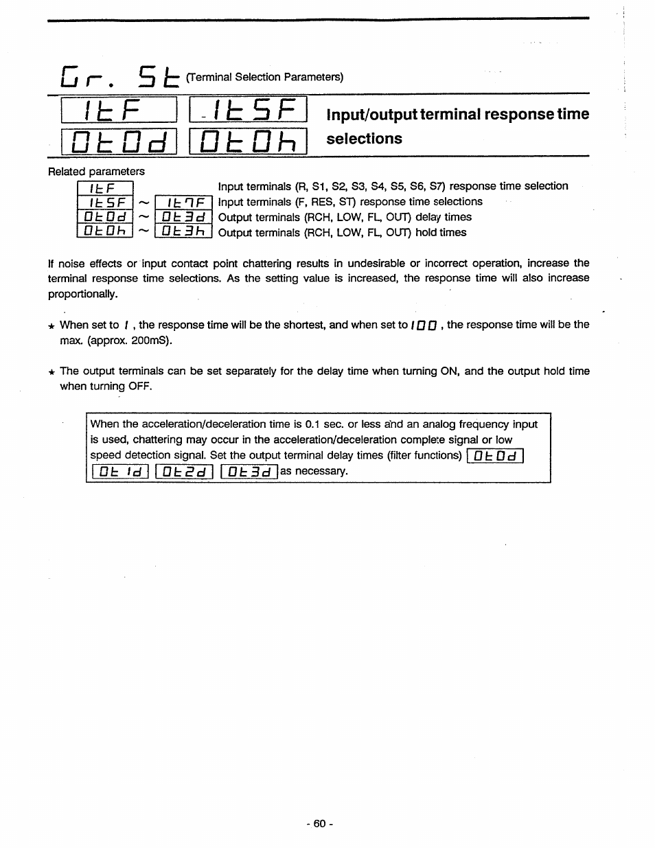 Input/output terminai response time selections, Input/output terminal response time selections | Toshiba Tosvert VF-A5 User Manual | Page 66 / 149