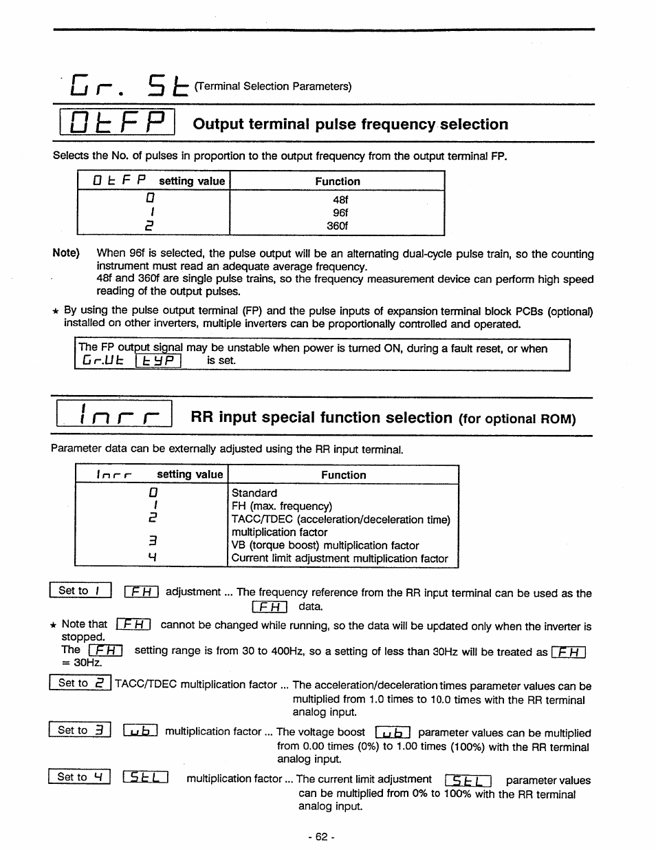 F n r r, Output terminal pulse frequency selection, Input special function selection | Rom) | Toshiba Tosvert VF-A5 User Manual | Page 68 / 149