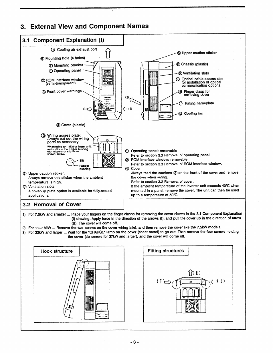 1 component explanation (i), 2 removal of cover, External view and component names | Toshiba Tosvert VF-A5 User Manual | Page 9 / 149
