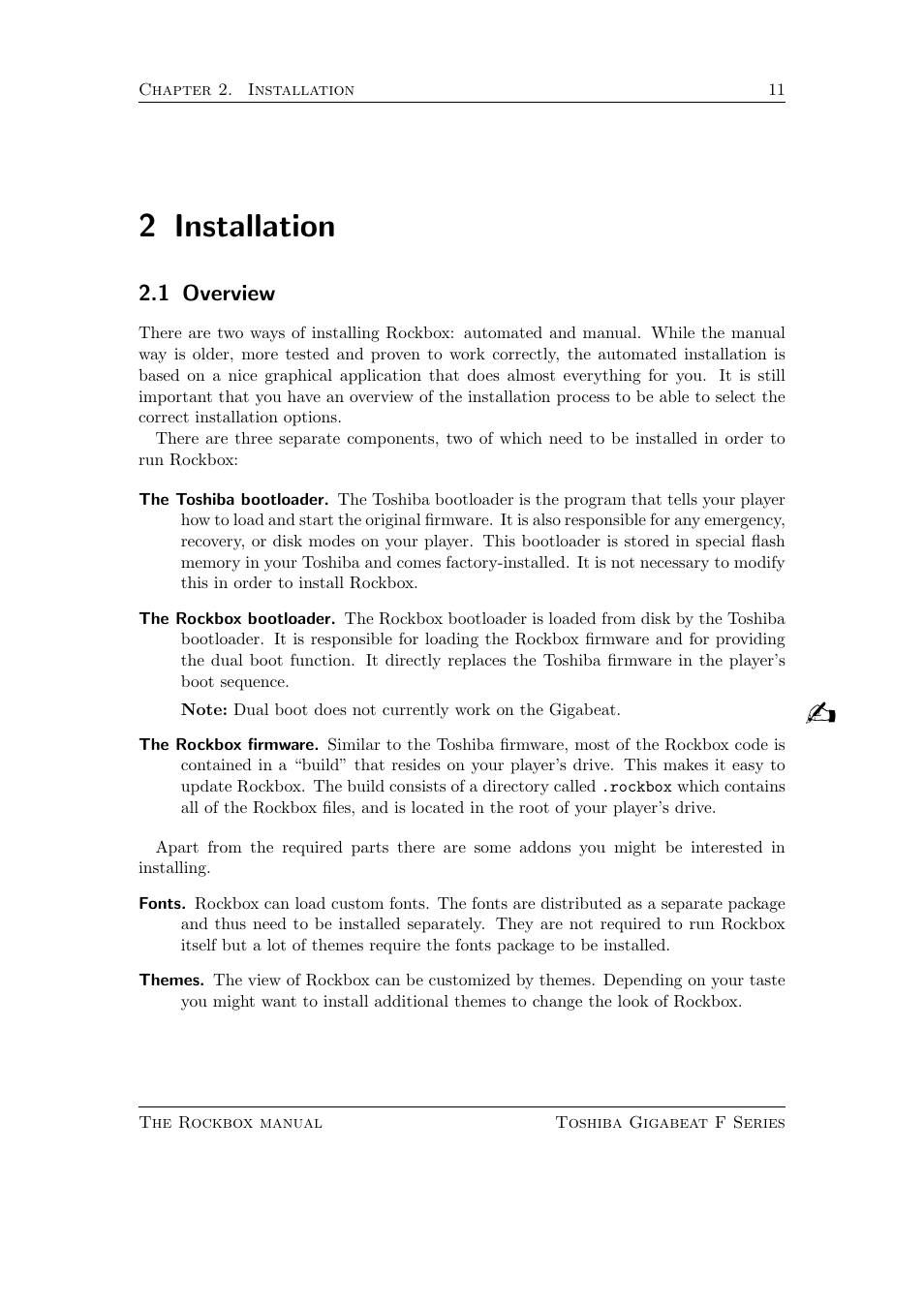 Installation, Overview, 2 installation | 1 overview | Toshiba Rockbox F Series User Manual | Page 11 / 177