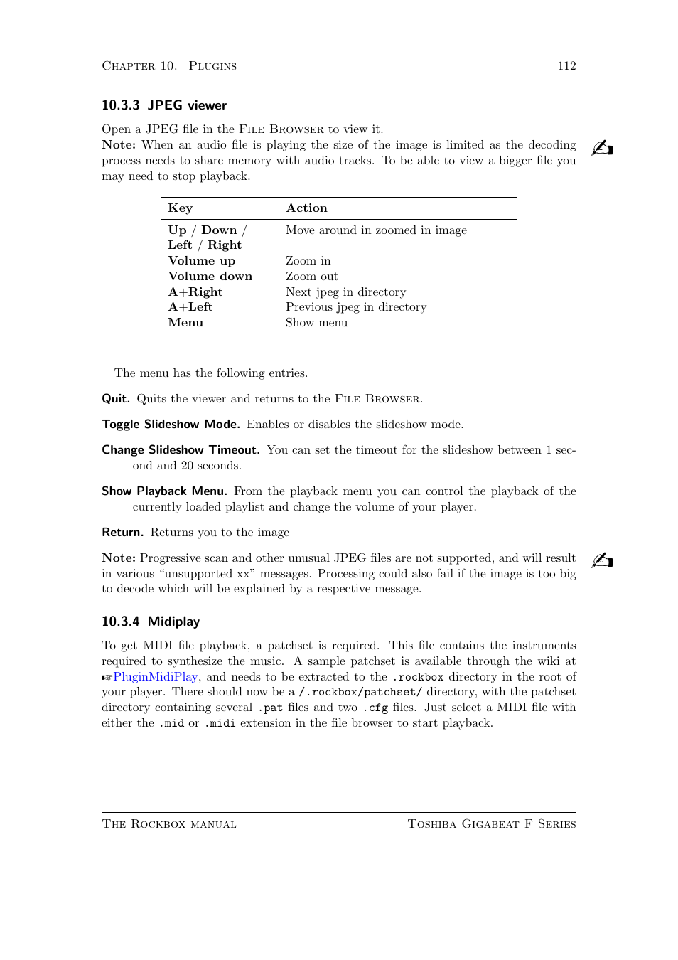 Jpeg viewer, Midiplay, 3 jpeg viewer | 4 midiplay | Toshiba Rockbox F Series User Manual | Page 112 / 177
