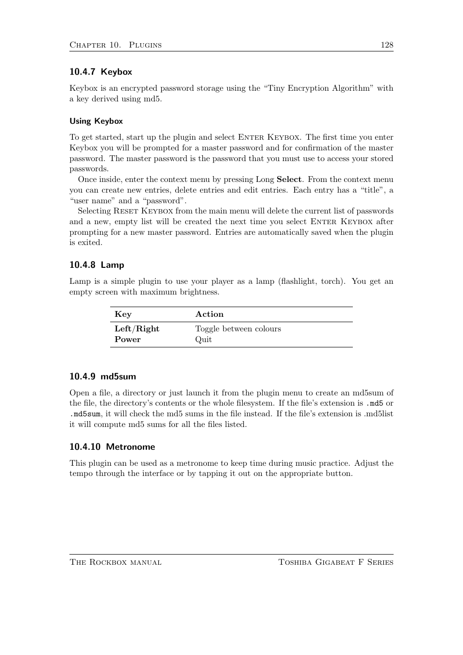 Keybox, Lamp, Md5sum | Metronome, 7 keybox, 8 lamp, 9 md5sum, 10 metronome | Toshiba Rockbox F Series User Manual | Page 128 / 177