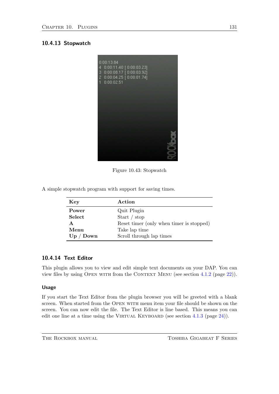 Stopwatch, Text editor, 13 stopwatch | 14 text editor | Toshiba Rockbox F Series User Manual | Page 131 / 177
