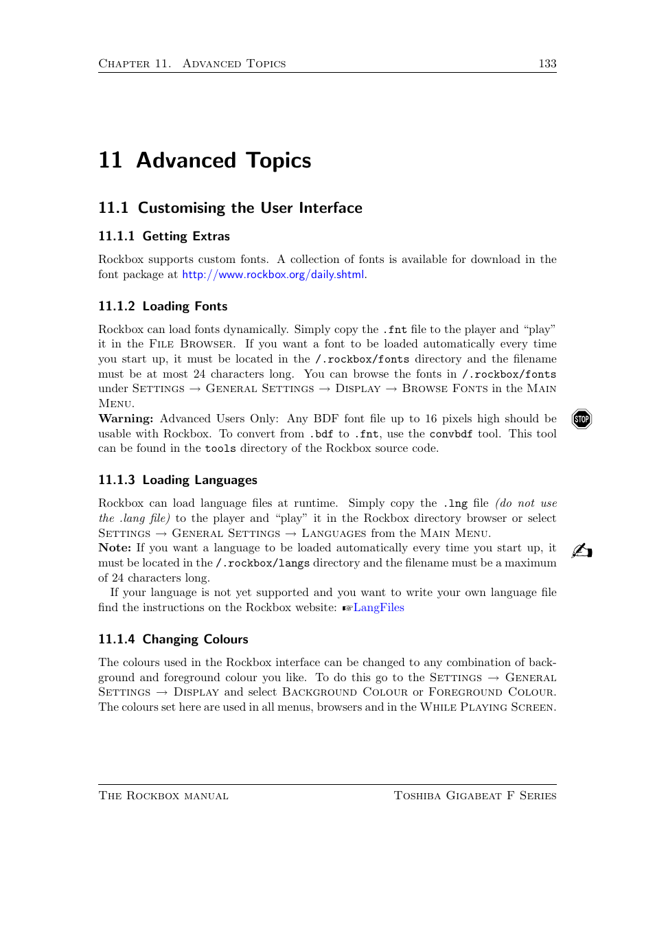 Advanced topics, Customising the user interface, Getting extras | Loading fonts, Loading languages, Changing colours, 11 advanced topics, 1 customising the user interface, 1 getting extras, 2 loading fonts | Toshiba Rockbox F Series User Manual | Page 133 / 177