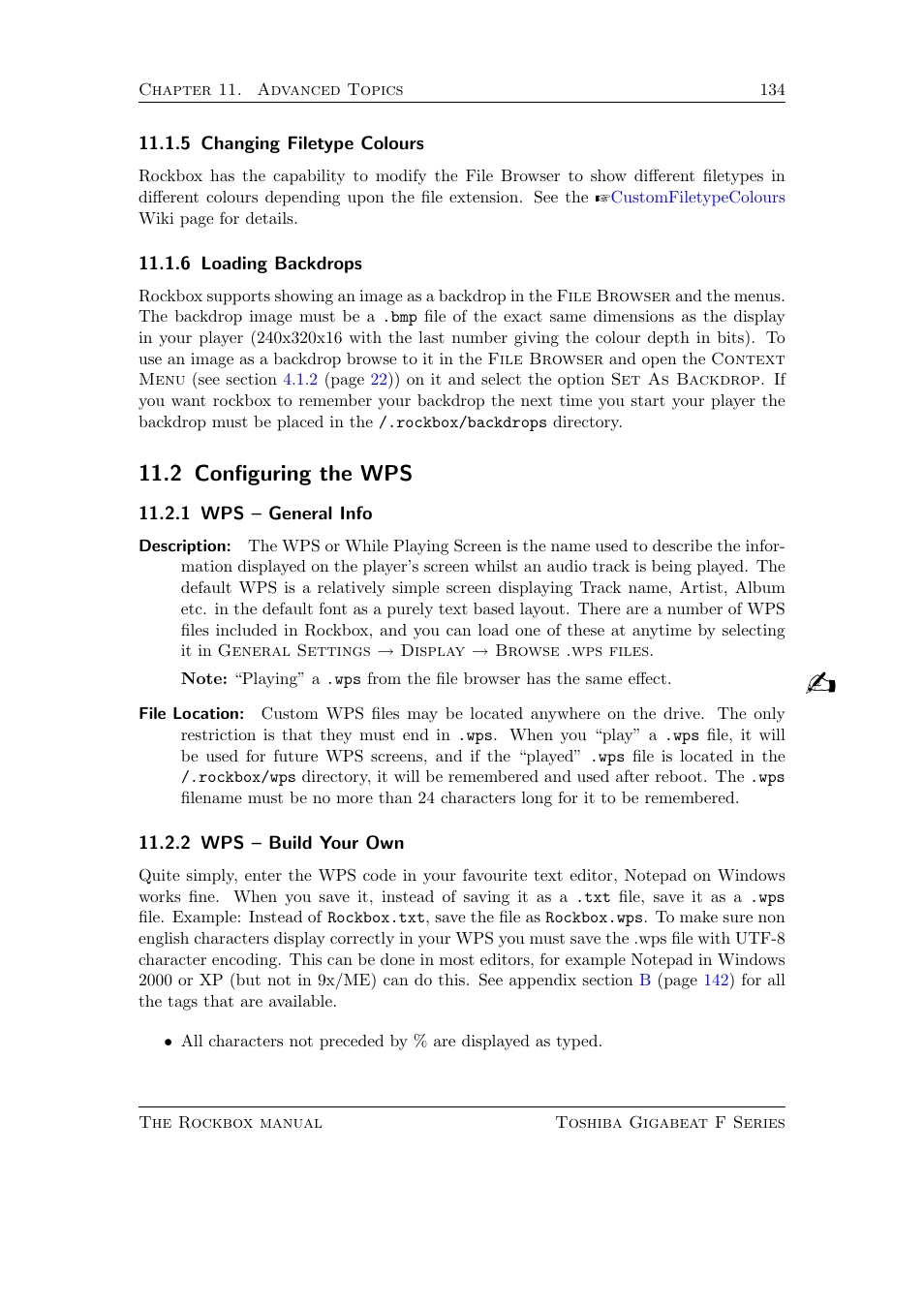 Changing filetype colours, Loading backdrops, Configuring the wps | Wps -- general info, Wps -- build your own, 5 changing filetype colours, 6 loading backdrops, 2 configuring the wps, 1 wps – general info, 2 wps – build your own | Toshiba Rockbox F Series User Manual | Page 134 / 177