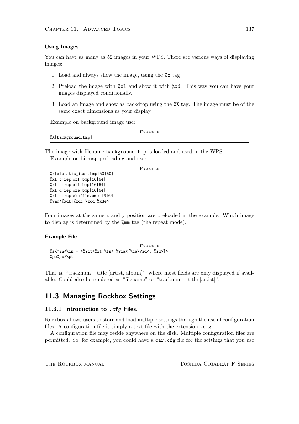 Managing rockbox settings, Introduction to .cfg files, 3 managing rockbox settings | 1 introduction to .cfg files | Toshiba Rockbox F Series User Manual | Page 137 / 177
