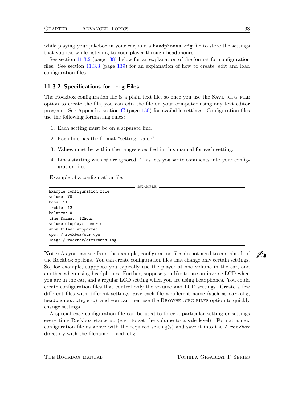 Specifications for .cfg files, 2 specifications for .cfg files | Toshiba Rockbox F Series User Manual | Page 138 / 177
