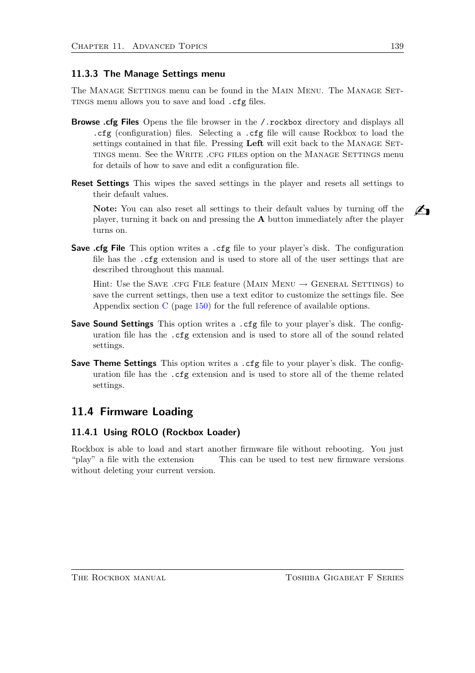 The manage settings menu, Firmware loading, Using rolo (rockbox loader) | 3 the manage settings menu, 4 firmware loading, 1 using rolo (rockbox loader) | Toshiba Rockbox F Series User Manual | Page 139 / 177