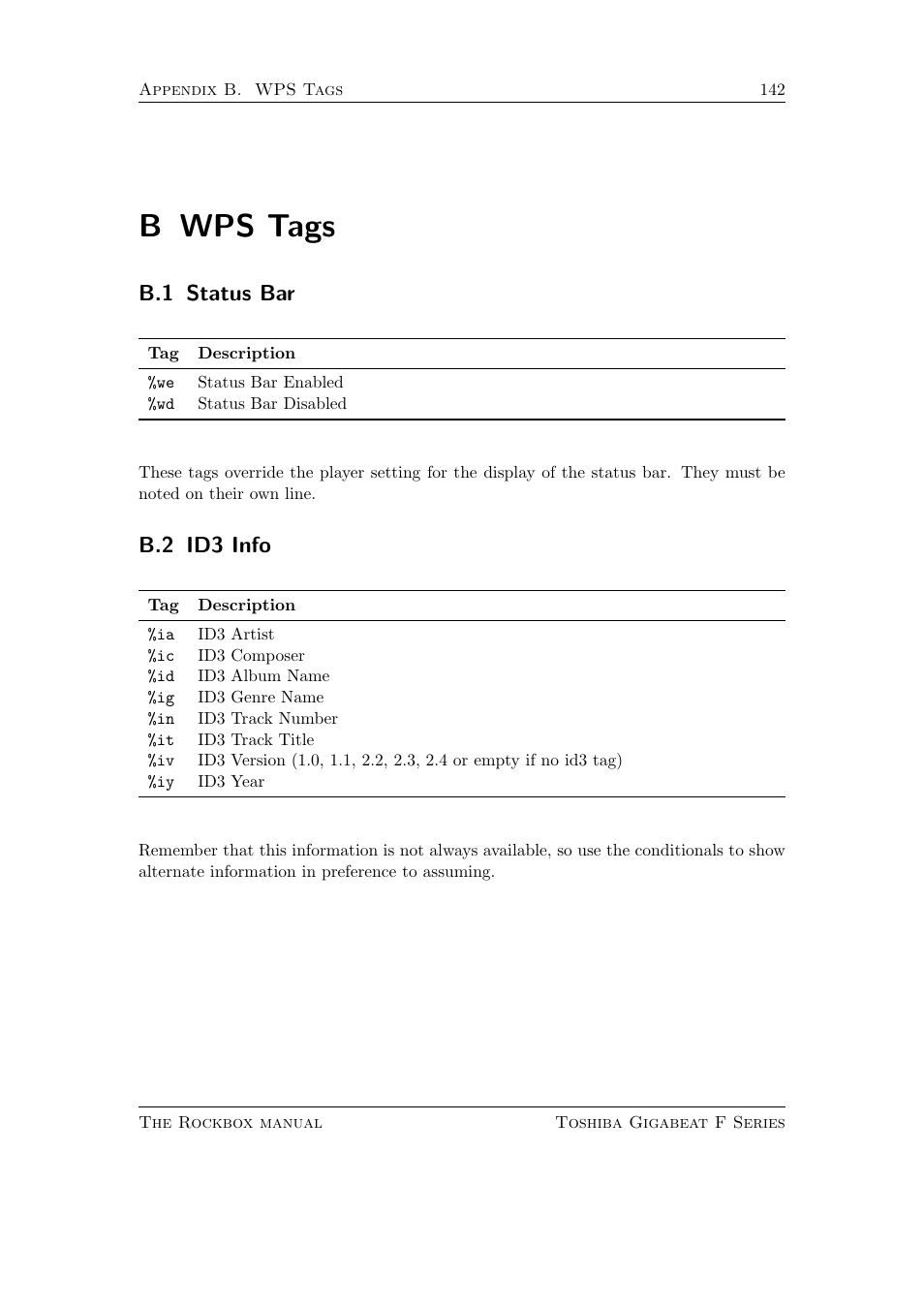 Wps tags, Status bar, Id3 info | B wps tags, B.1 status bar, B.2 id3 info | Toshiba Rockbox F Series User Manual | Page 142 / 177