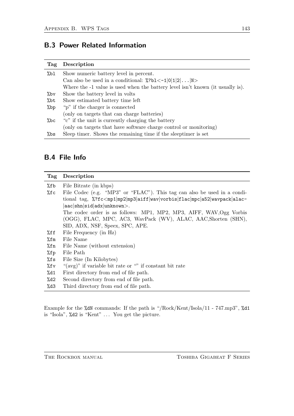 Power related information, File info, B.3 power related information | B.4 file info | Toshiba Rockbox F Series User Manual | Page 143 / 177