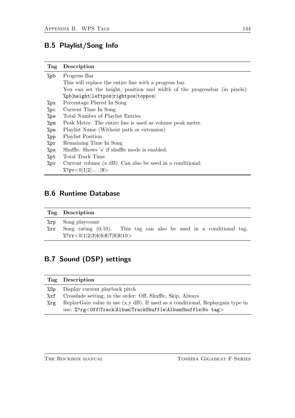 Playlist/song info, Runtime database, Sound (dsp) settings | B.5 playlist/song info, B.6 runtime database, B.7 sound (dsp) settings | Toshiba Rockbox F Series User Manual | Page 144 / 177