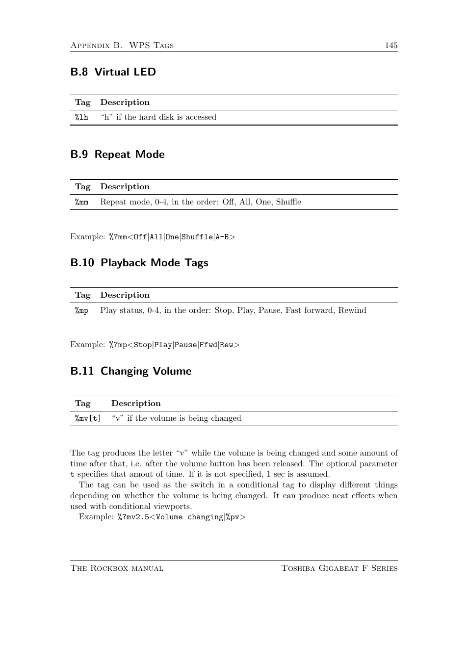 Virtual led, Repeat mode, Playback mode tags | Changing volume, B.8 virtual led, B.9 repeat mode, B.10 playback mode tags, B.11 changing volume | Toshiba Rockbox F Series User Manual | Page 145 / 177