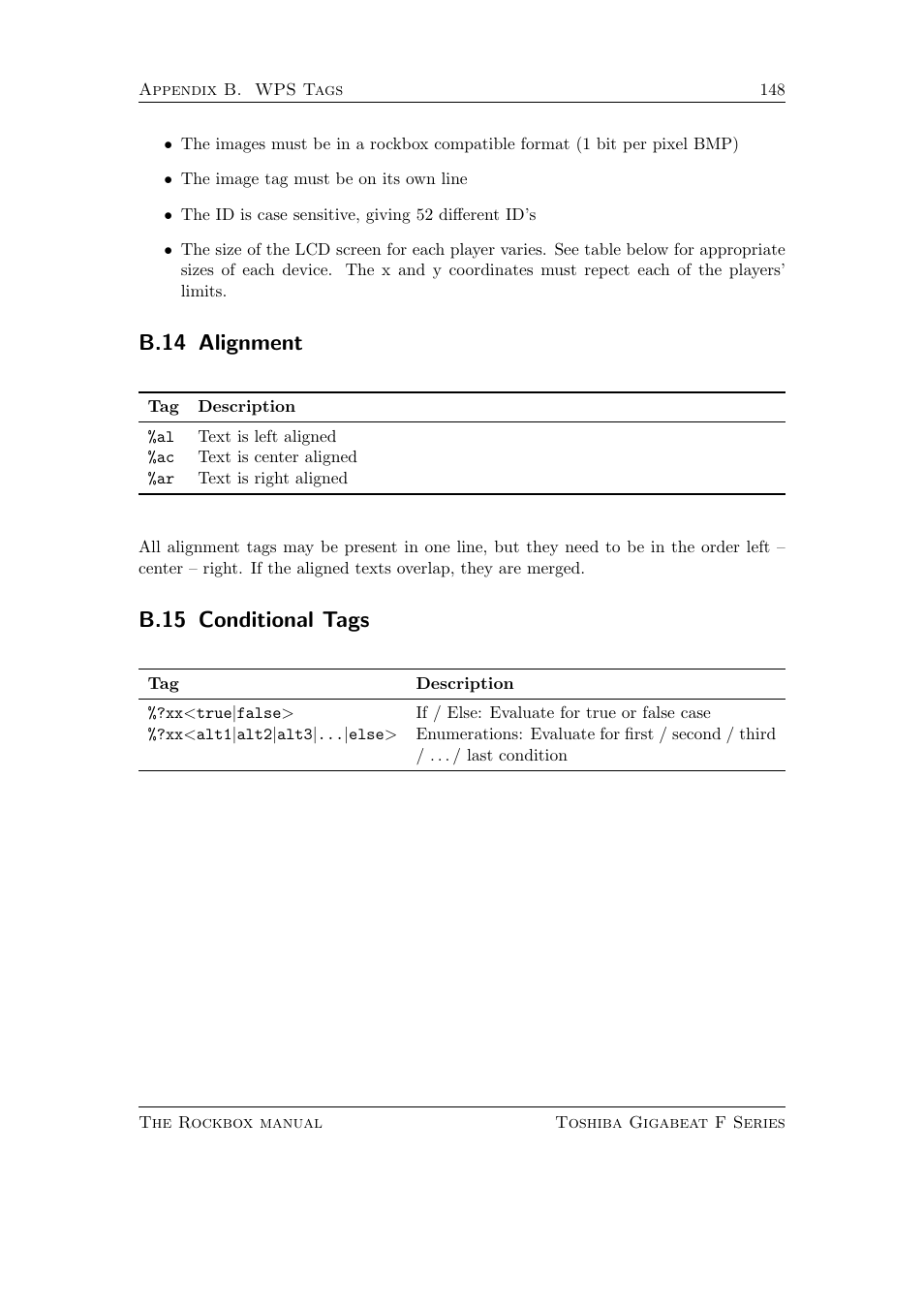 Alignment, Conditional tags, B.14 alignment | B.15 conditional tags | Toshiba Rockbox F Series User Manual | Page 148 / 177