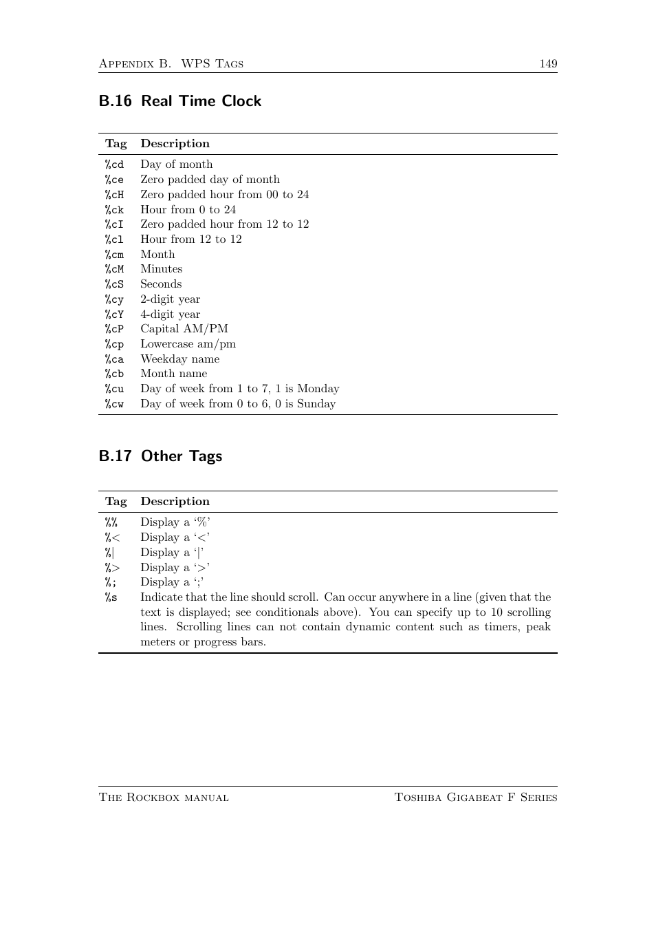 Real time clock, Other tags, B.16 real time clock | B.17 other tags | Toshiba Rockbox F Series User Manual | Page 149 / 177