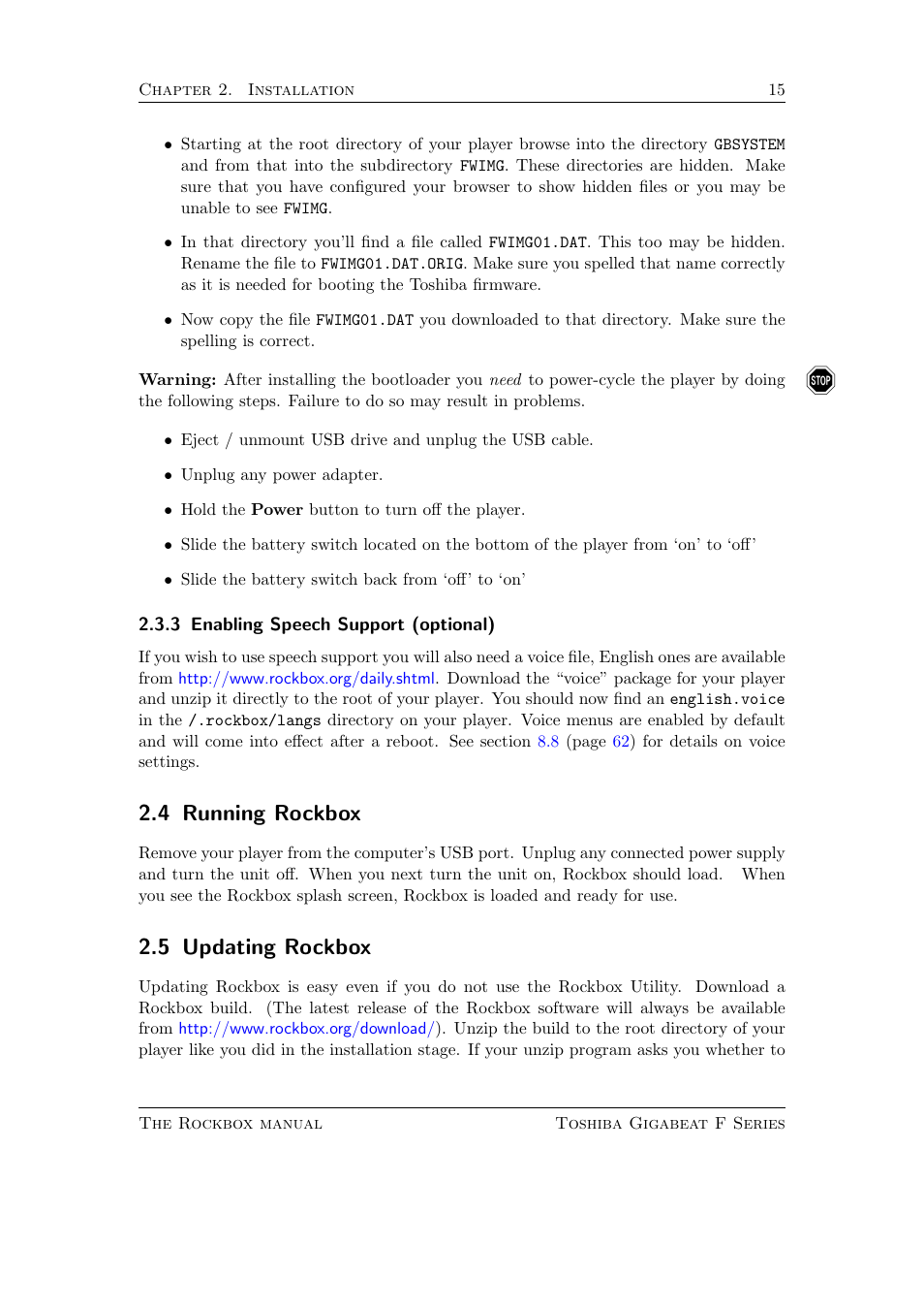 Enabling speech support (optional), Running rockbox, Updating rockbox | 4 running rockbox, 5 updating rockbox | Toshiba Rockbox F Series User Manual | Page 15 / 177