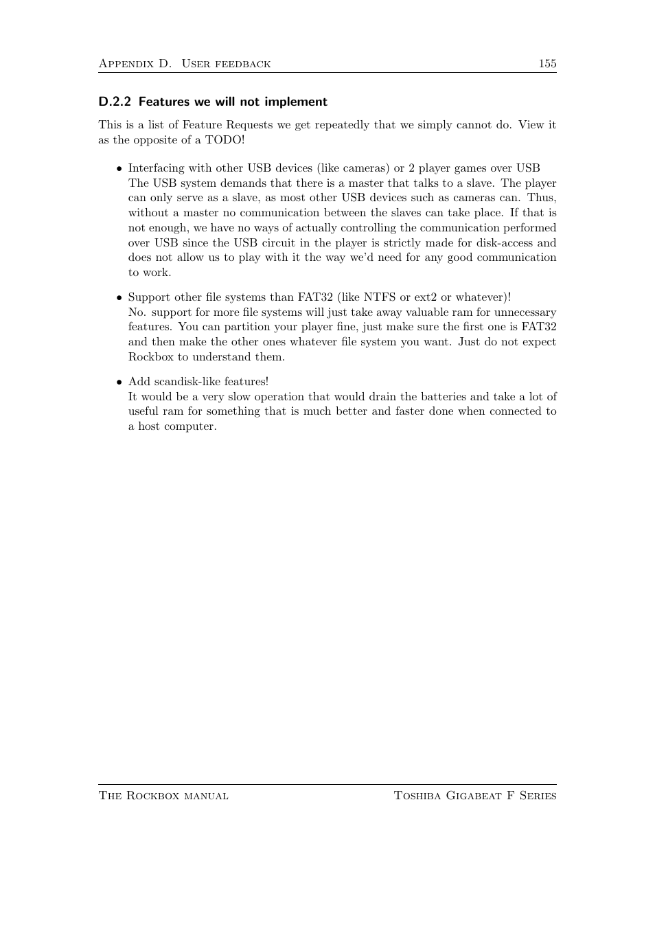 Features we will not implement, D.2.2 features we will not implement | Toshiba Rockbox F Series User Manual | Page 155 / 177
