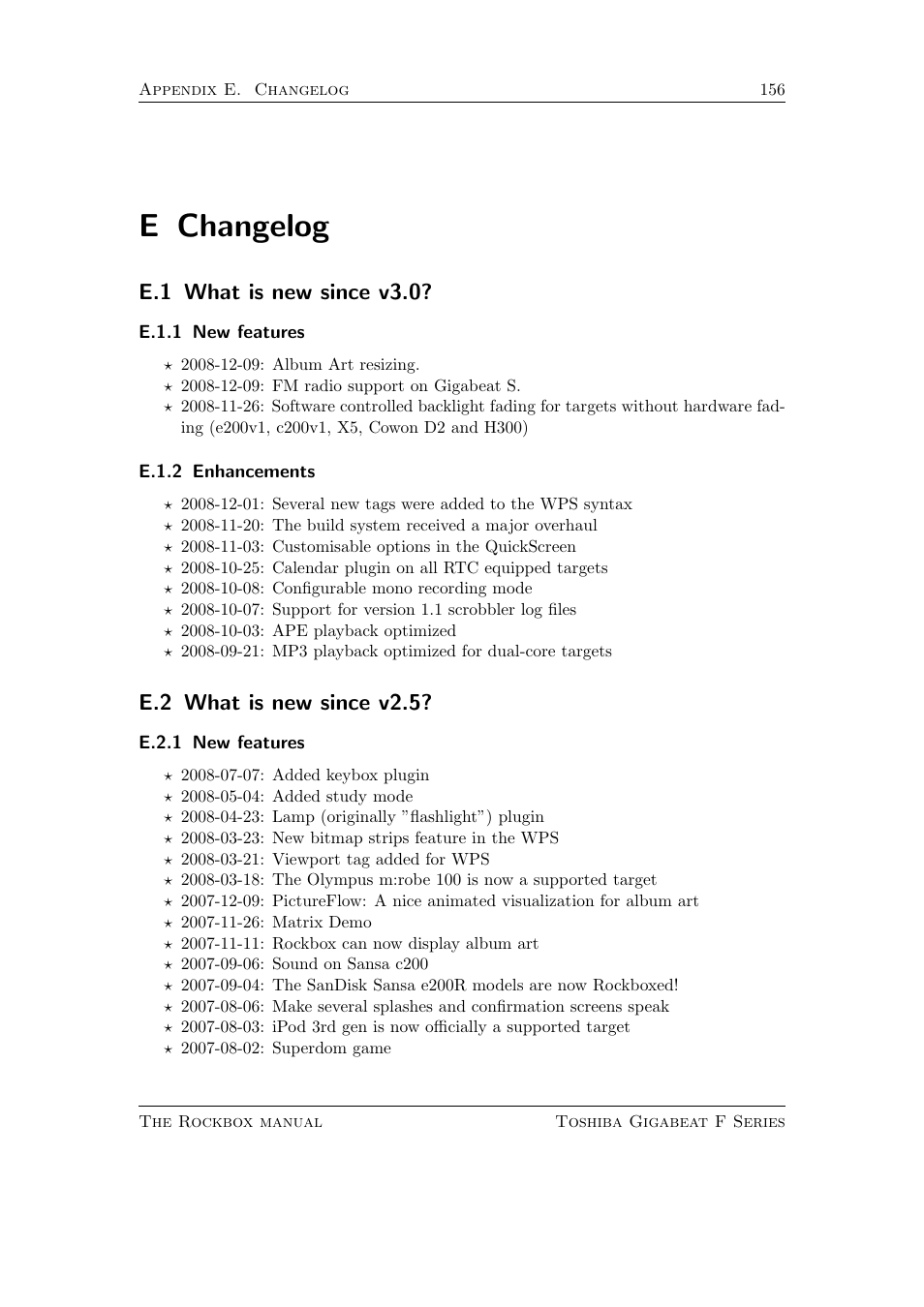 Changelog, What is new since v3.0, New features | Enhancements, What is new since v2.5, E changelog, E.1 what is new since v3.0, E.1.1, E.1.2, E.2 what is new since v2.5 | Toshiba Rockbox F Series User Manual | Page 156 / 177