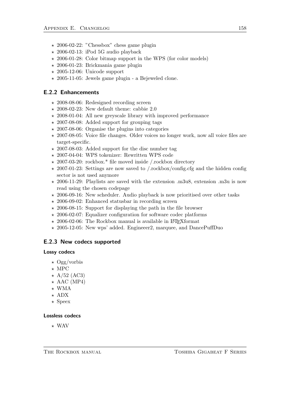 Enhancements, New codecs supported, E.2.2 | E.2.3 | Toshiba Rockbox F Series User Manual | Page 158 / 177