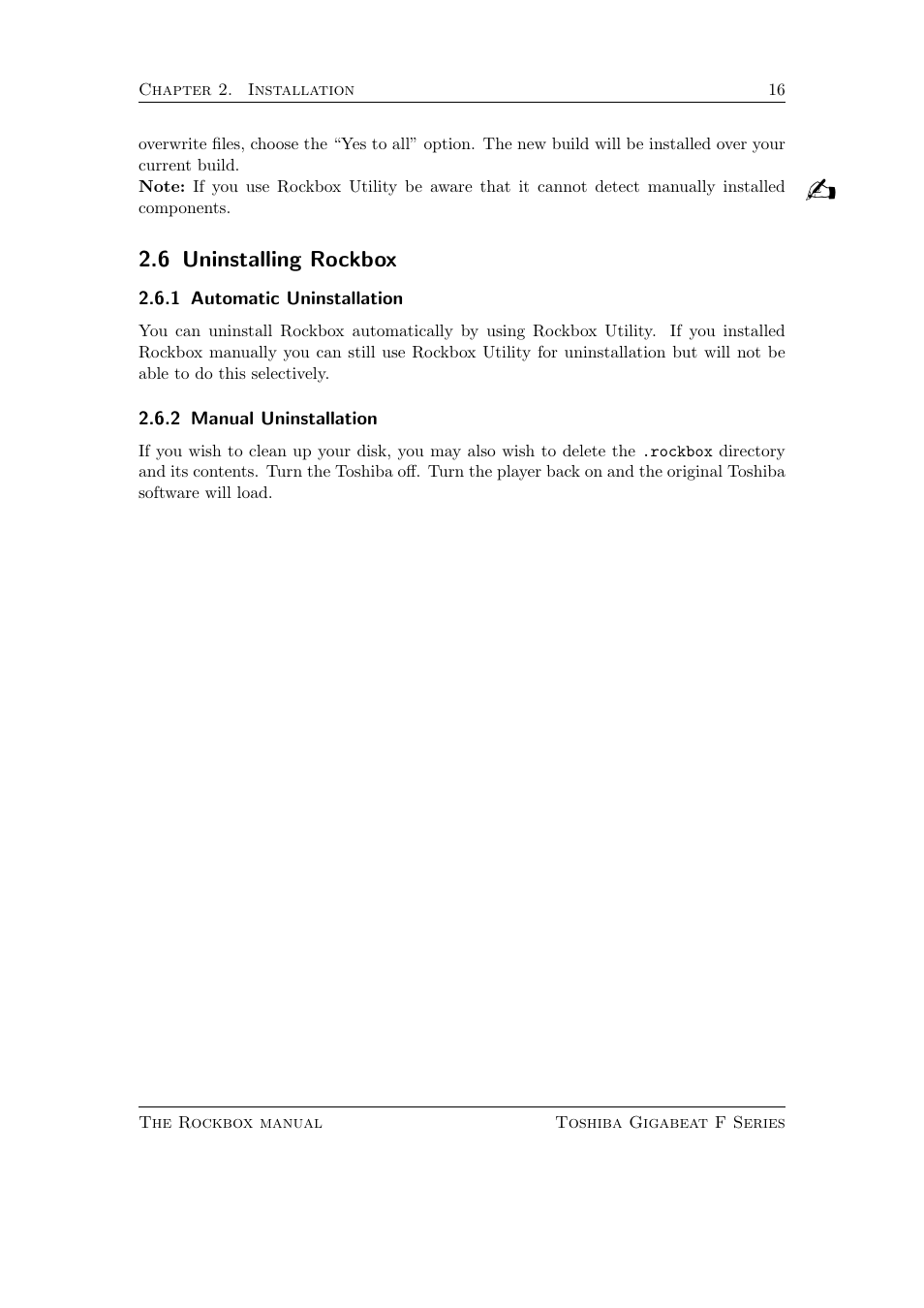 Uninstalling rockbox, Automatic uninstallation, Manual uninstallation | 6 uninstalling rockbox | Toshiba Rockbox F Series User Manual | Page 16 / 177
